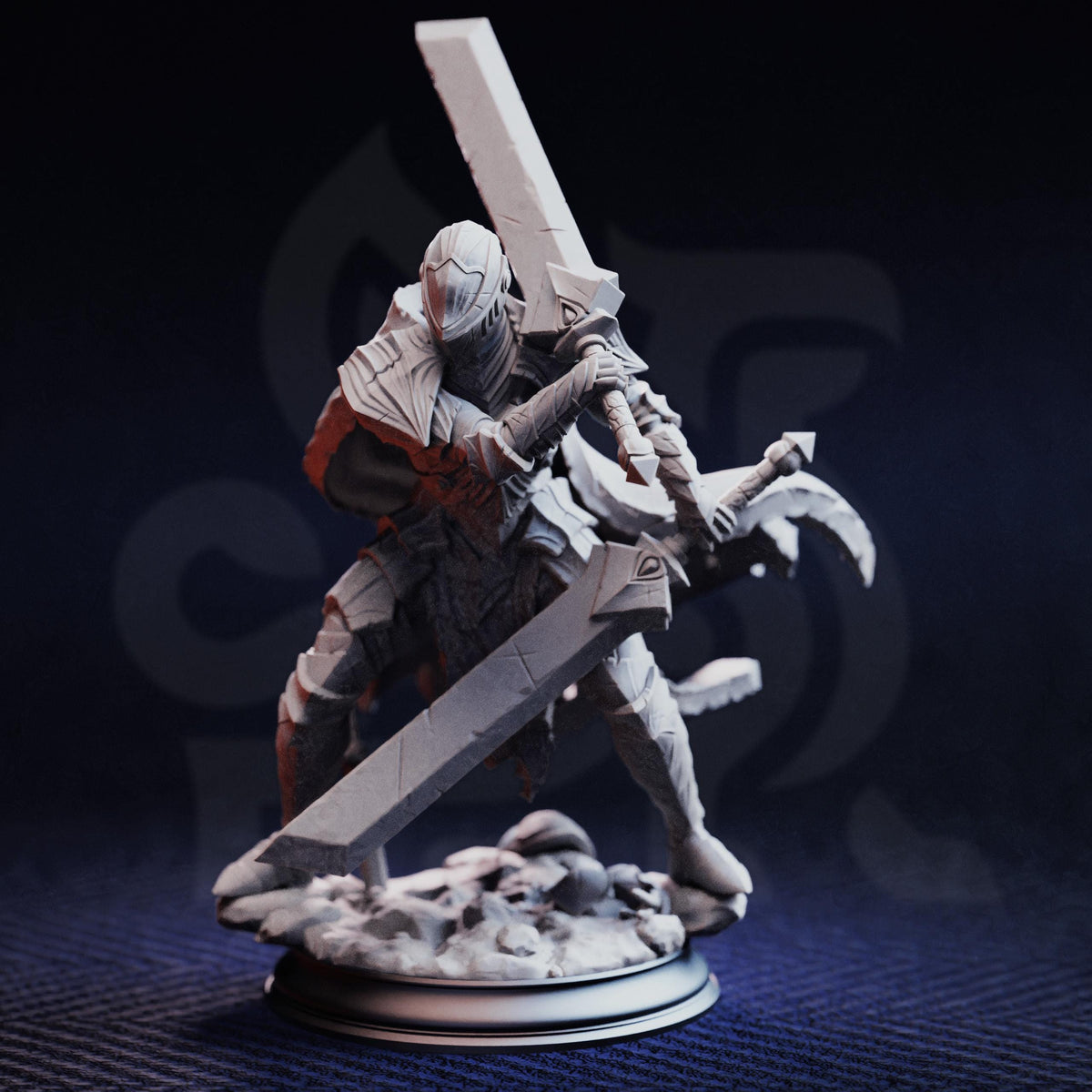 A detailed 3D model of a warrior figure wielding a large sword and shield, standing on a base and ready for battle.