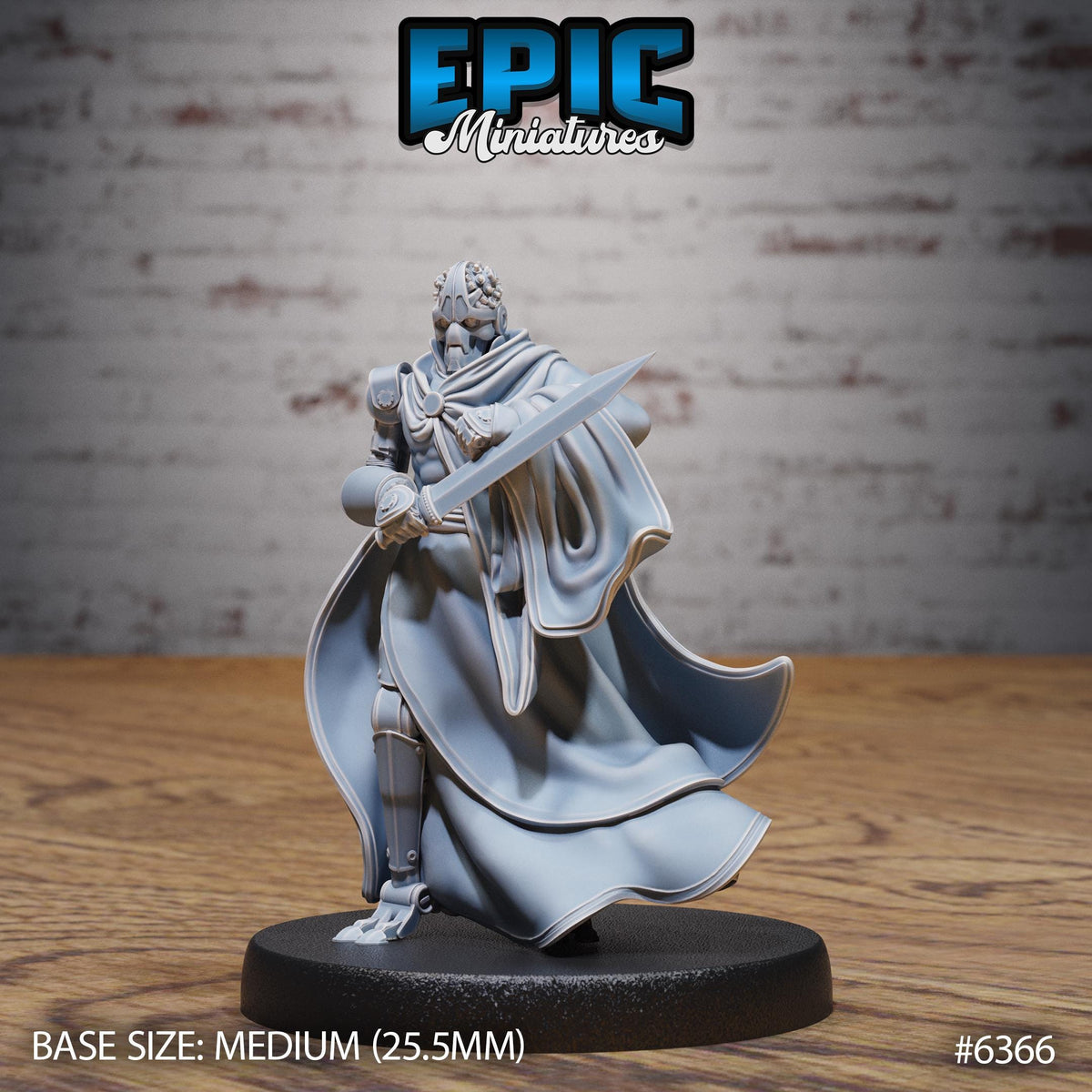 A figurine of a knight in a flowing cape, standing on a base and holding a sword, against a brick wall background.