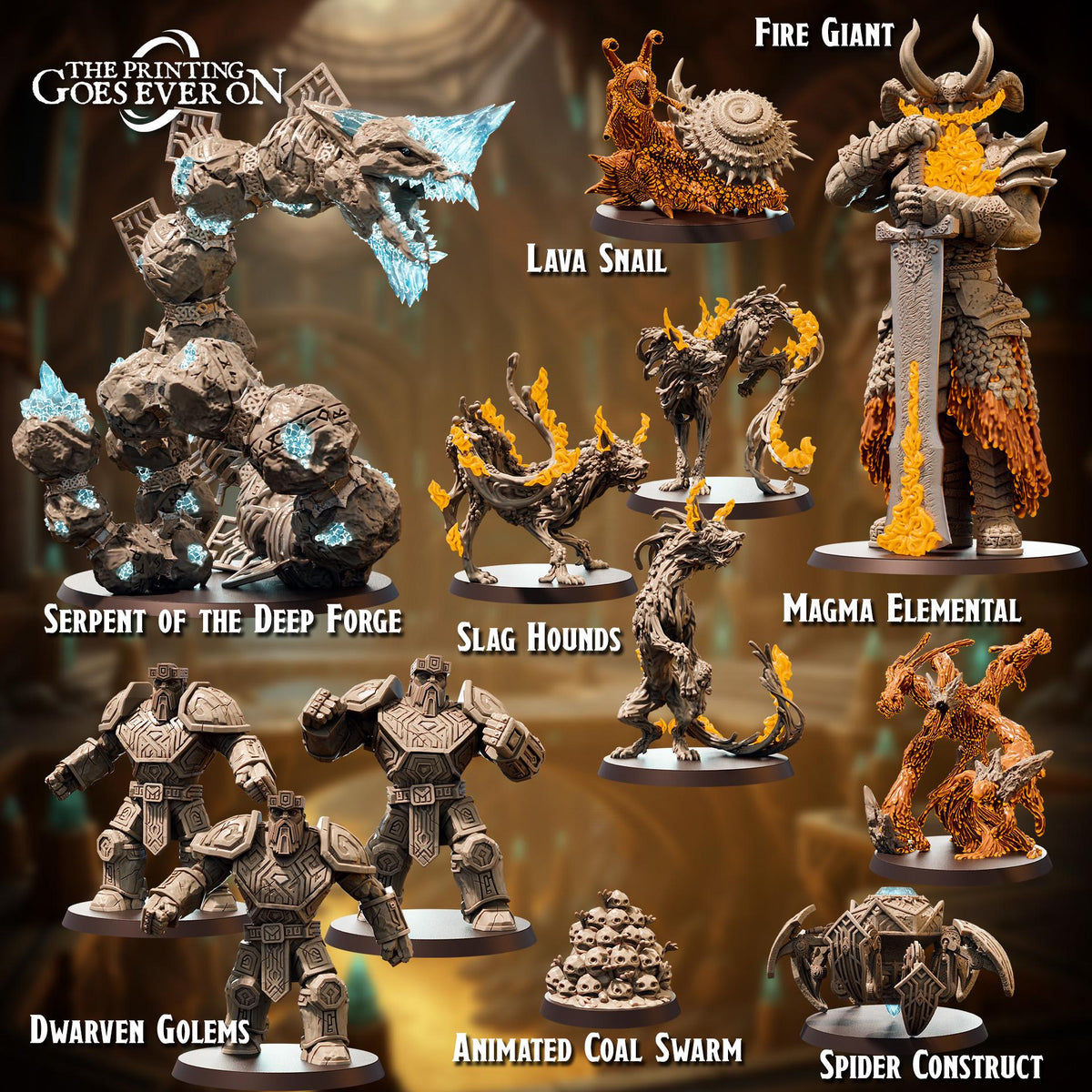 a collection of fantasy-themed action figures and figurines, including a fire giant, lava snail, dragon, serpent, hounds, magma elementals, dwarven golem, animated coal swarm, and a spider construct.