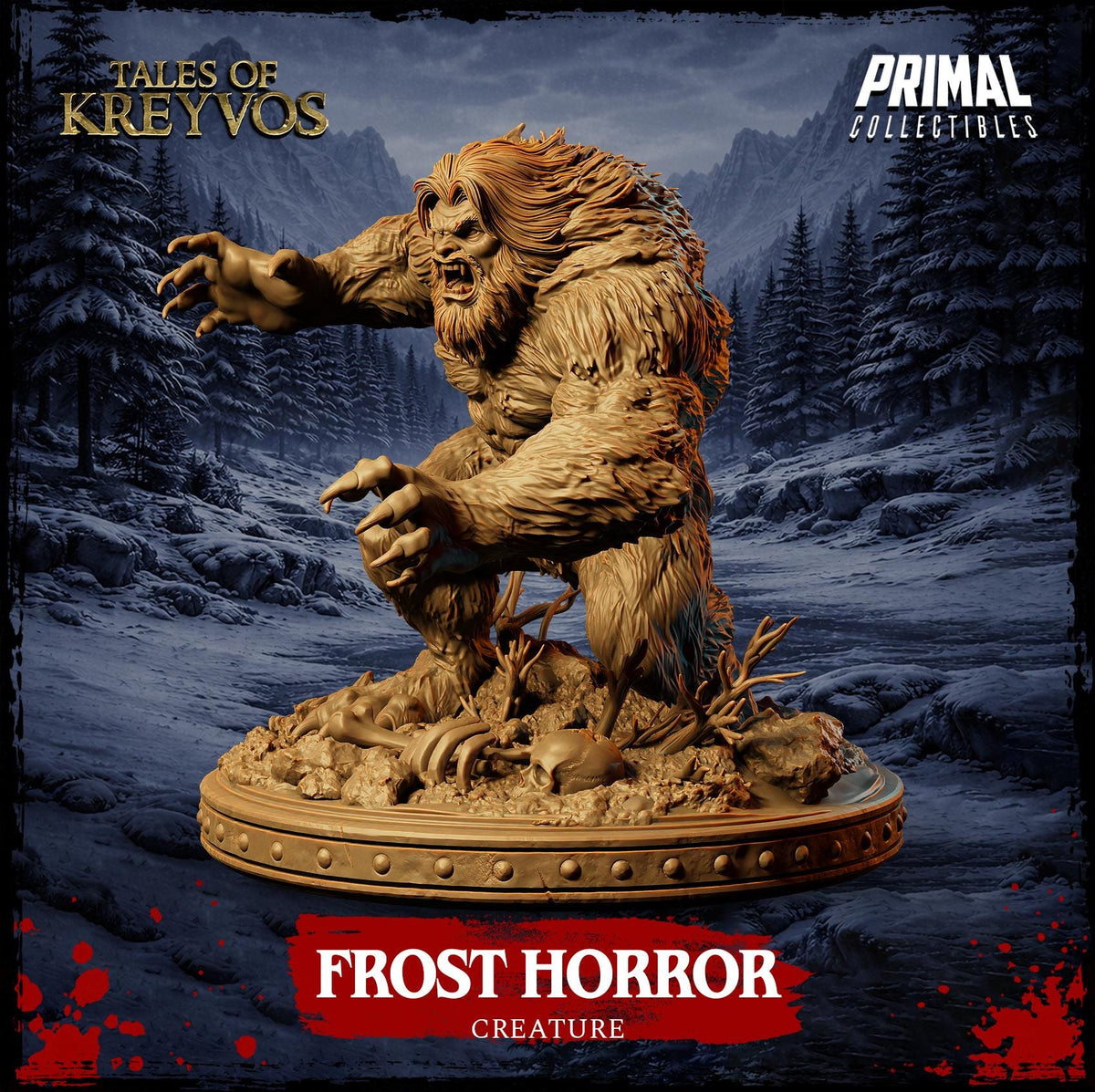 A large, furry creature resembling a monster or a monster-like being, with long hair and sharp claws, is depicted in a snowy, forested environment. The creature appears to be in a crouched or crouching position, giving the impression of a horror or monster-like character.