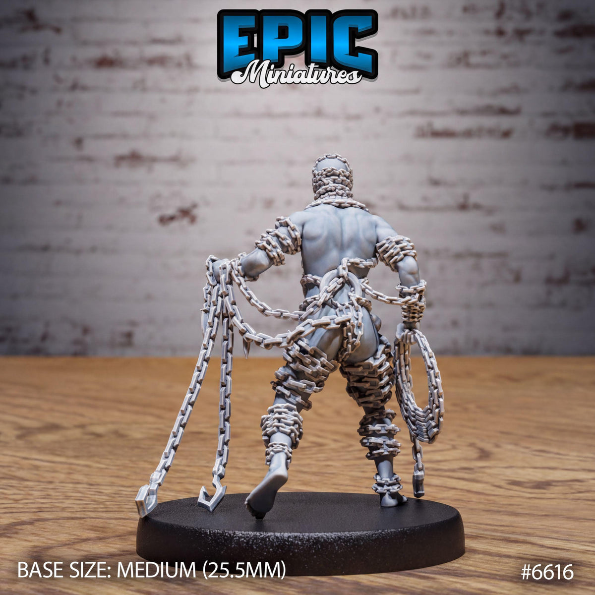 A figurine of a chained person standing on a black base, with chains wrapped around their body and legs. The figurine is described as a miniature, and the base size is 25.5 millimeters.