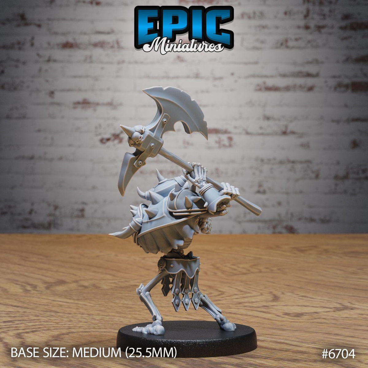 A figurine of a warrior-like character with a large weapon and a smaller one, standing on a black base. The background is a brick wall.