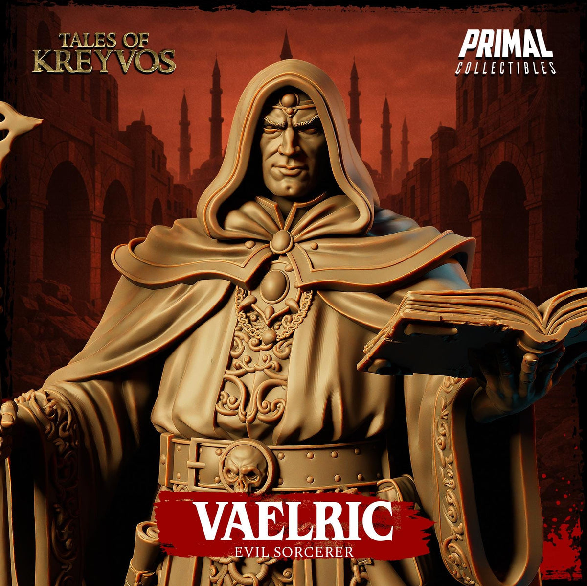 a statue of a character named Vaelric, who is described as an evil Sorcerer.