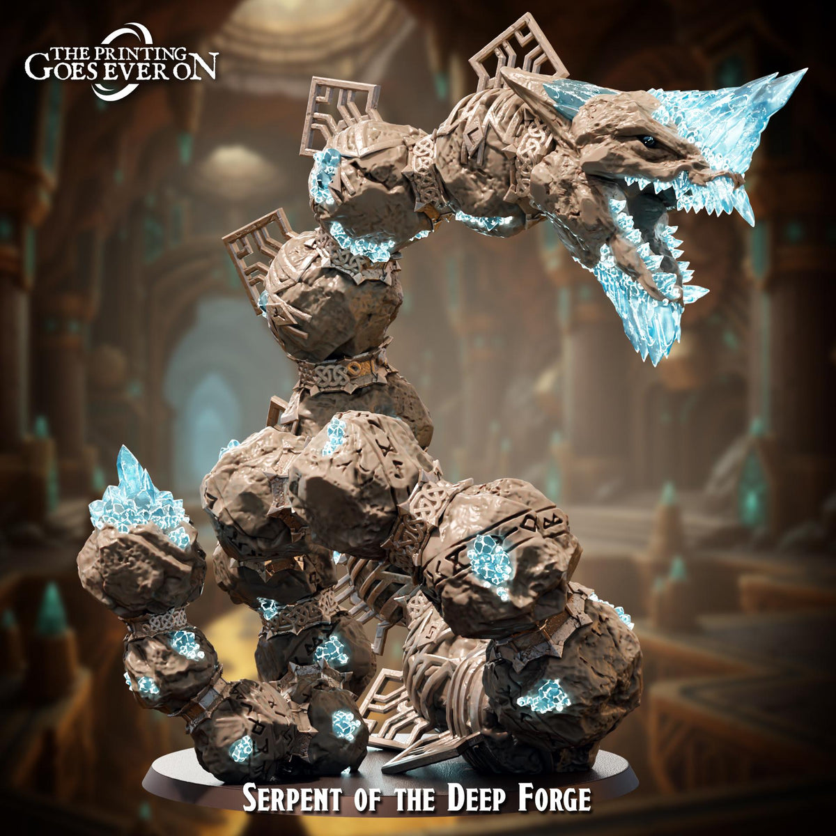 a large, intricate statue of a serpent-like creature with glowing blue crystals on its body, situated in a fantastical, cave-like setting.