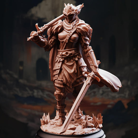 A detailed 3D model of a warrior figure, standing in a dark, rocky environment. The figure is holding a sword and appears to be in a fighting stance.