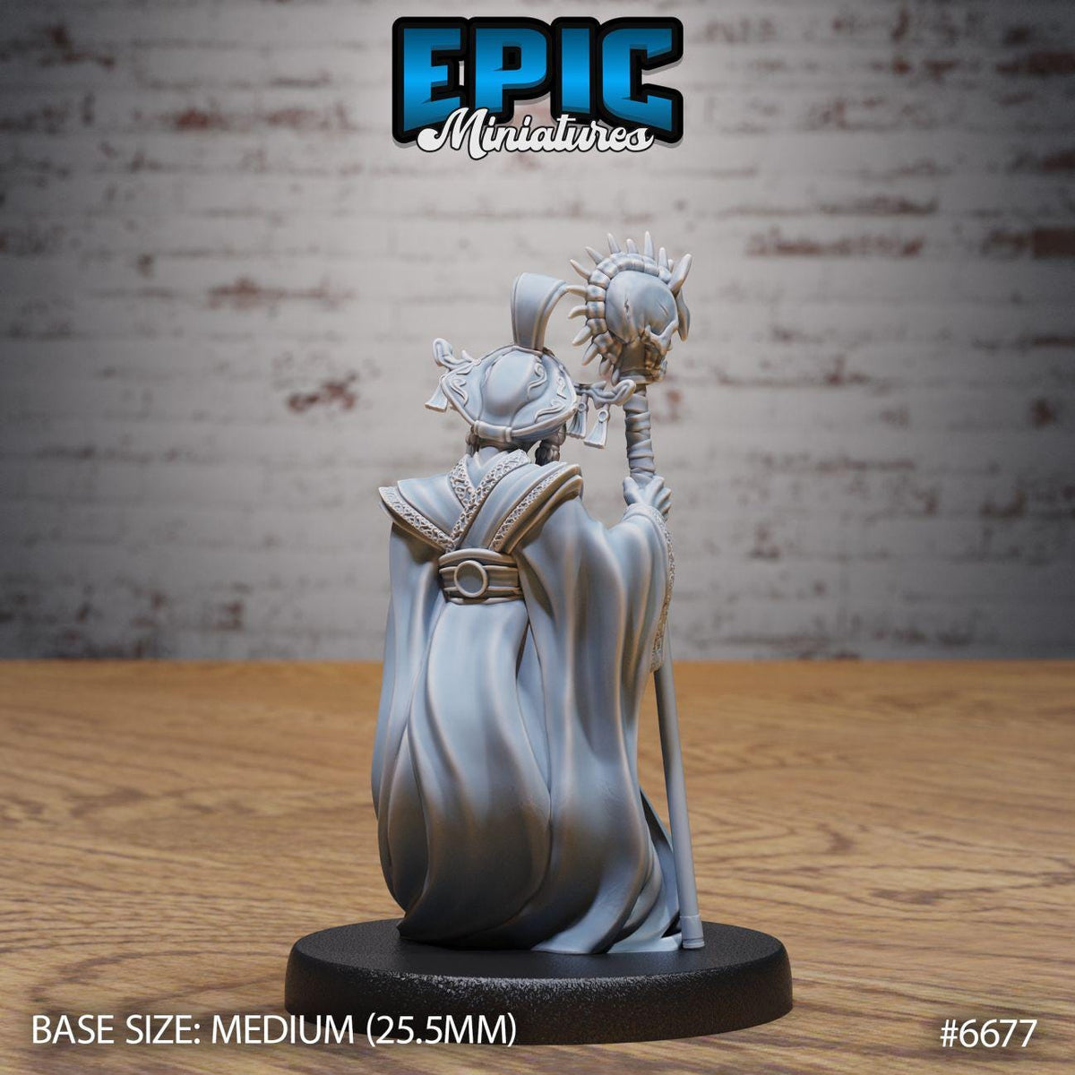 A 3D model of a character with a staff and a robe, displayed on a wooden surface against a brick wall background.