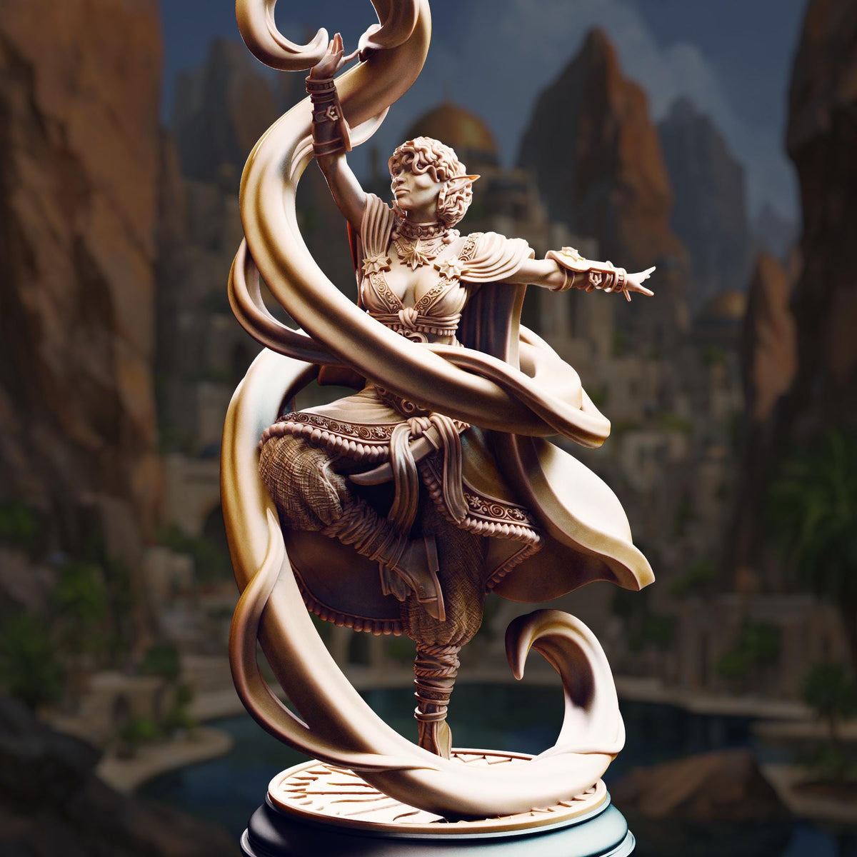 A bronze statue of a woman with flowing hair and a flowing dress, standing on a pedestal and holding a staff, against a backdrop of mountains and a body of water.