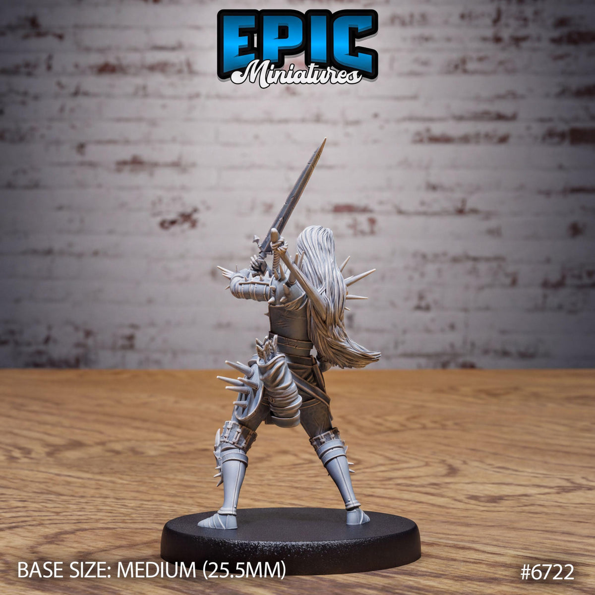 A 3D rendering of a miniature figure holding a sword, standing on a base. The figure is set against a brick wall background.