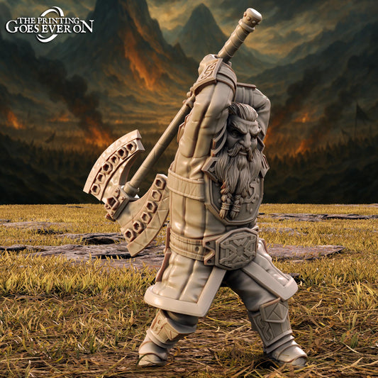 A detailed 3D model of a dwarf warrior wielding a large sword and shield, set against a dramatic mountainous landscape.
