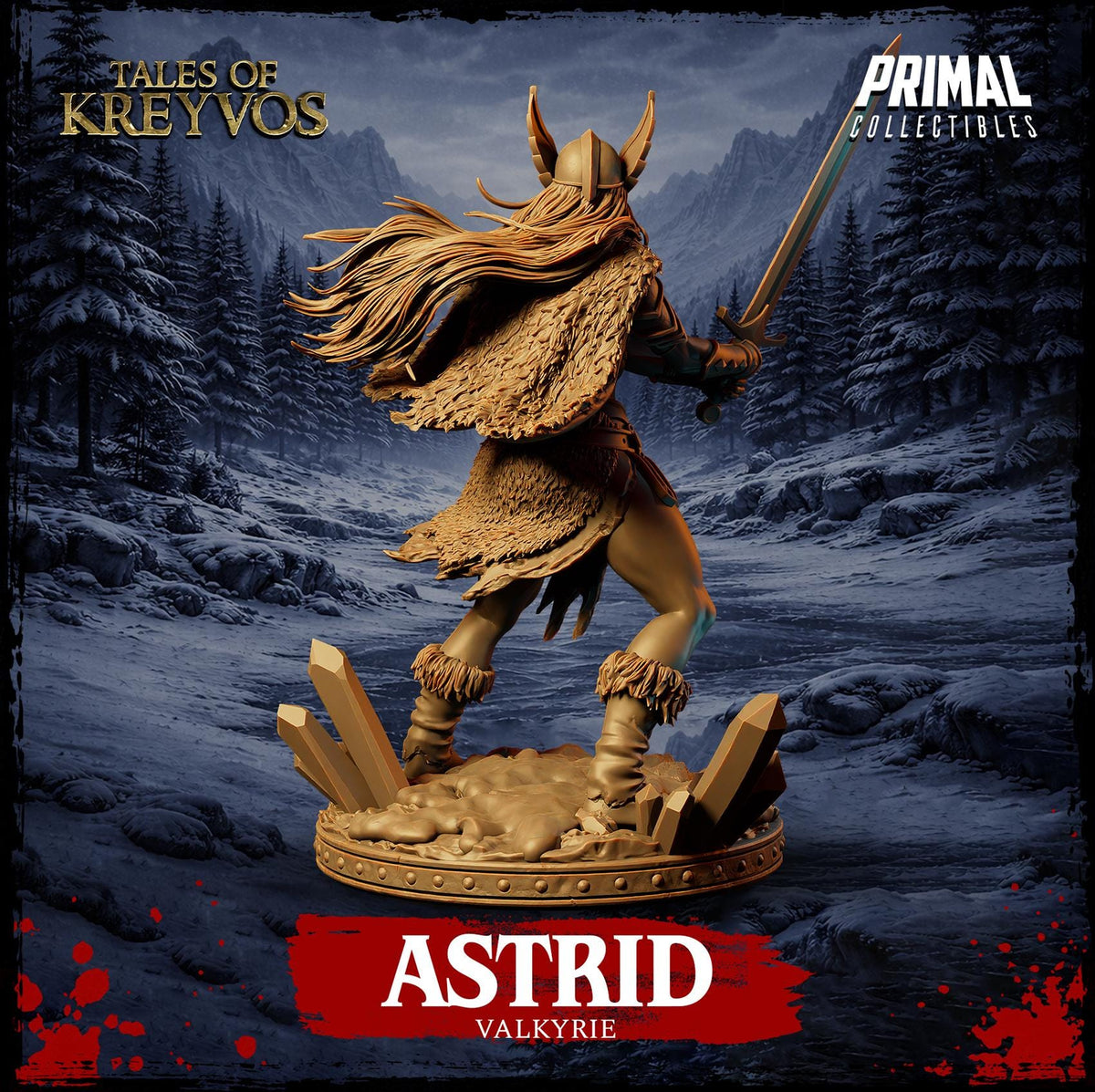 a statue of a Viking warrior named Astrid, who is depicted in a dynamic fighting stance with a sword in hand.