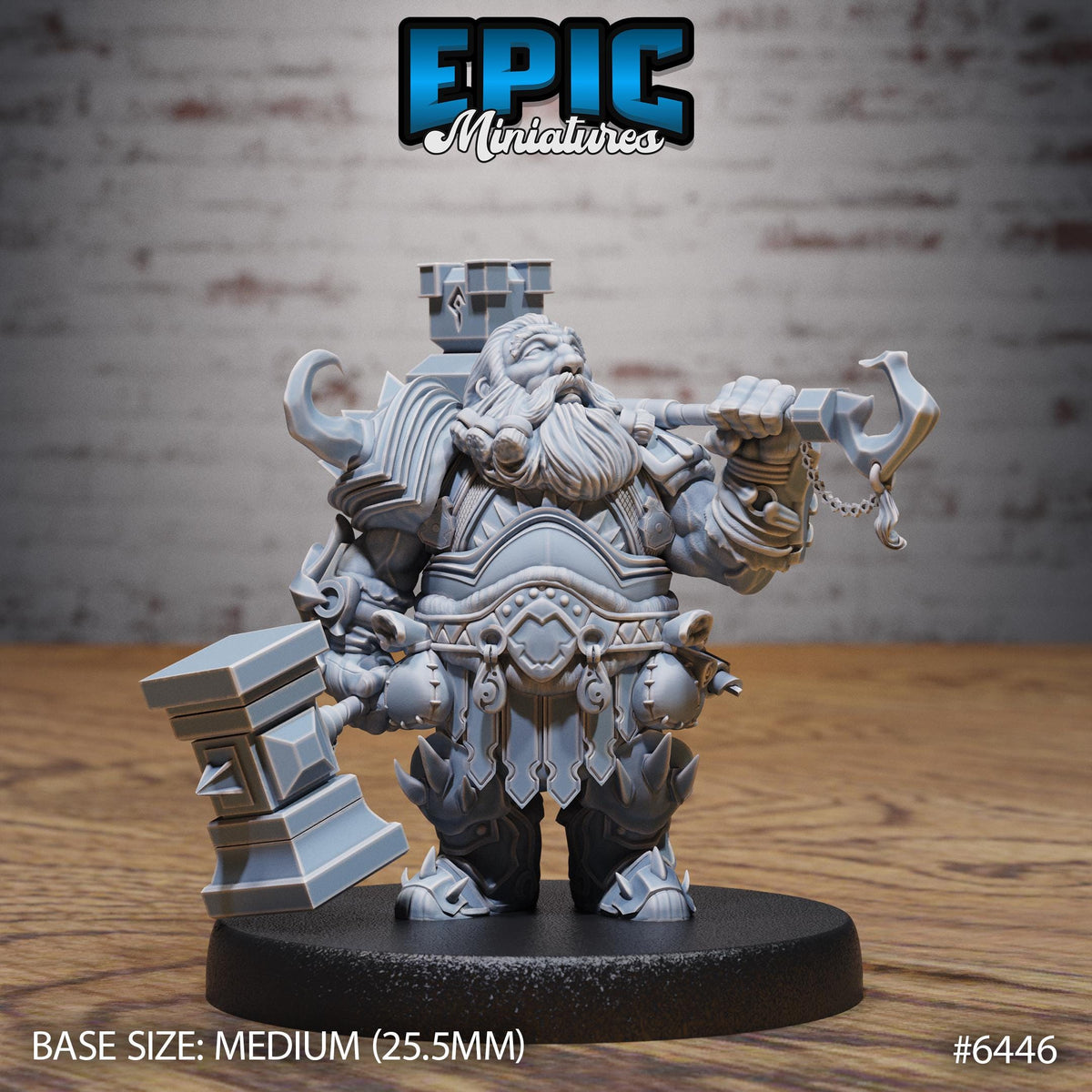 A detailed 3D model of a dwarf character, likely from the video game Epic Miniatures, with a large beard, a sword, and various other accessories. The character is standing on a black base and is positioned in front of a brick wall. The image is labeled with the text "BASE SIZE: MEDIUM (25.5MM)" and "#6446".