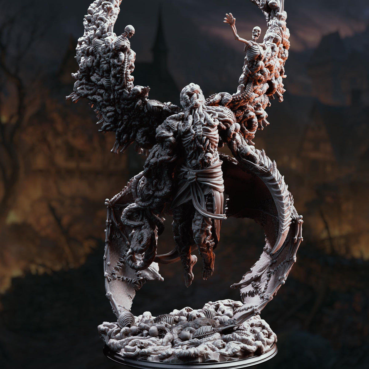 A detailed 3D model of a fantastical creature with intricate, organic-looking features, including a skull-like face, wings, and a tail. The creature appears to be a winged, skeletal figure with a long, flowing tail. The background is dark and shrouded in shadows, creating a mysterious and eerie atmosphere.
