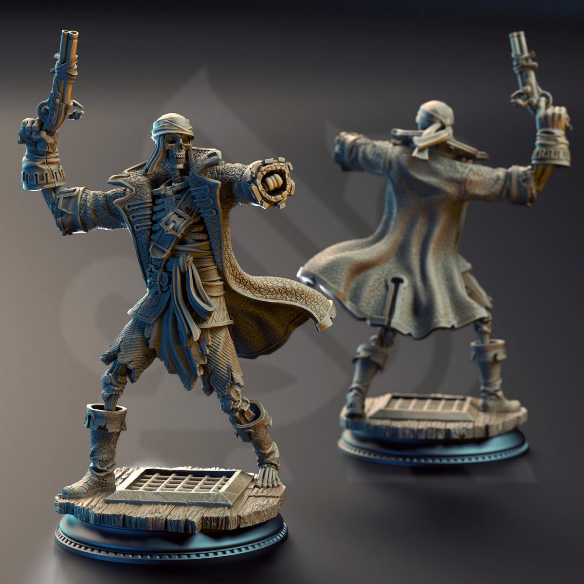 two 3D models of a pirate-like character, one standing and one sitting, both holding guns and appearing to be in a fighting stance.