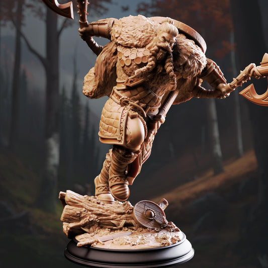 A detailed 3D model of a warrior figure, likely a Viking or fantasy character, standing on a rock and holding a shield. The figure is wearing a fur-lined coat and has a beard, giving it a fierce and imposing appearance.