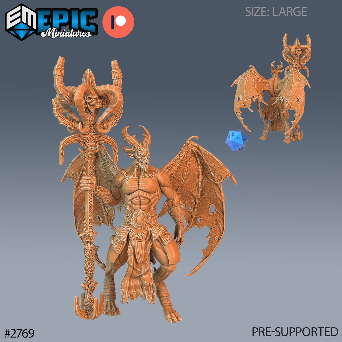 a detailed 3D model of a winged, armored warrior figure with a large staff, set against a dark background.