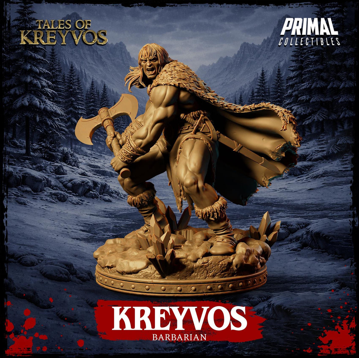 A bronze statue of a muscular, bearded man wielding a large weapon, likely a sword, stands in a snowy, mountainous landscape. The text "TALES OF KREYVOS" and "KREYVOS" are visible, along with the name "BARBARIAN" below the statue.