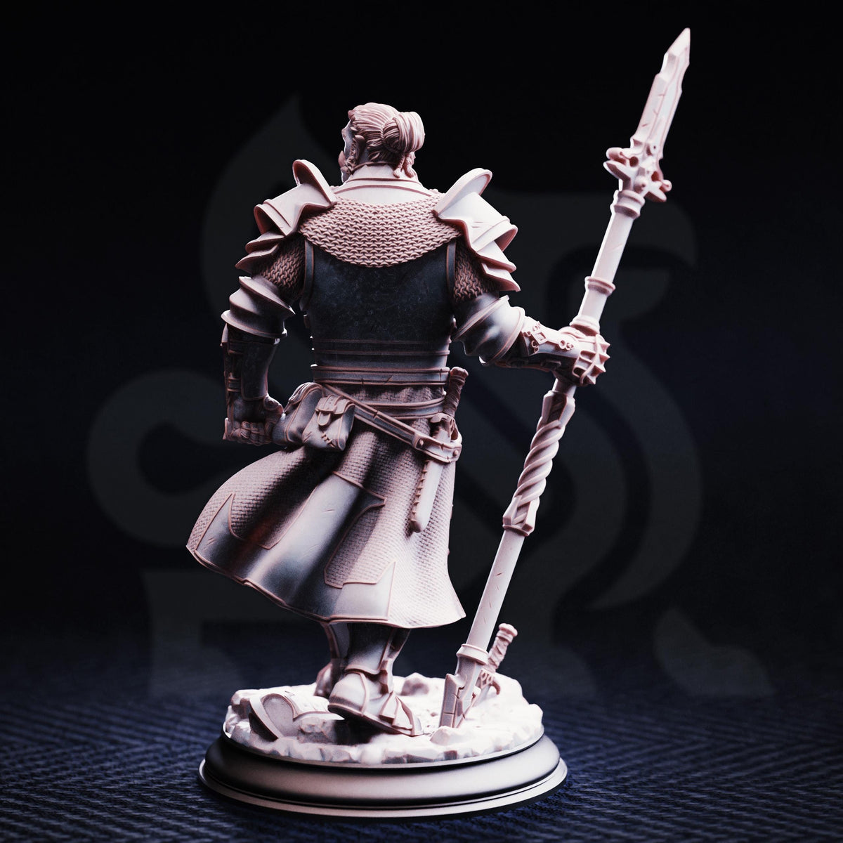 A detailed 3D model of a knight in armor, standing on a base and holding a spear.