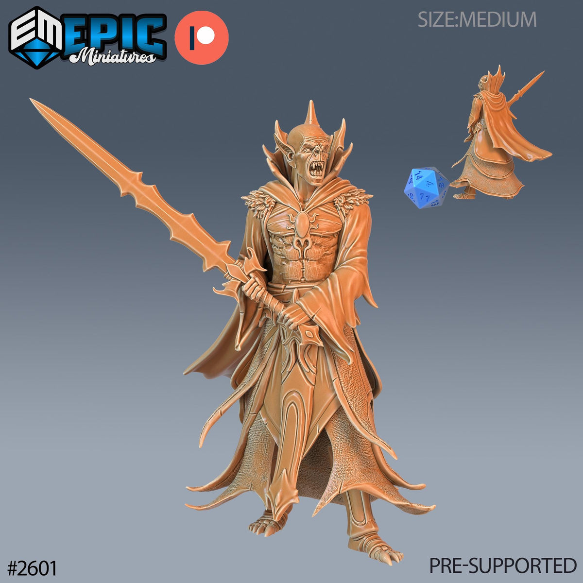 a detailed 3D model of a fantasy character, including a detailed sword and a detailed outfit. The character appears to be a fantasy warrior or knight, with intricate armor and a fierce expression. The image is pre-supported, meaning it is not a new creation but rather a previously created or modified version. The image is part of a larger collection of images, as indicated by the text "PRE-SUPPORTED #2601".