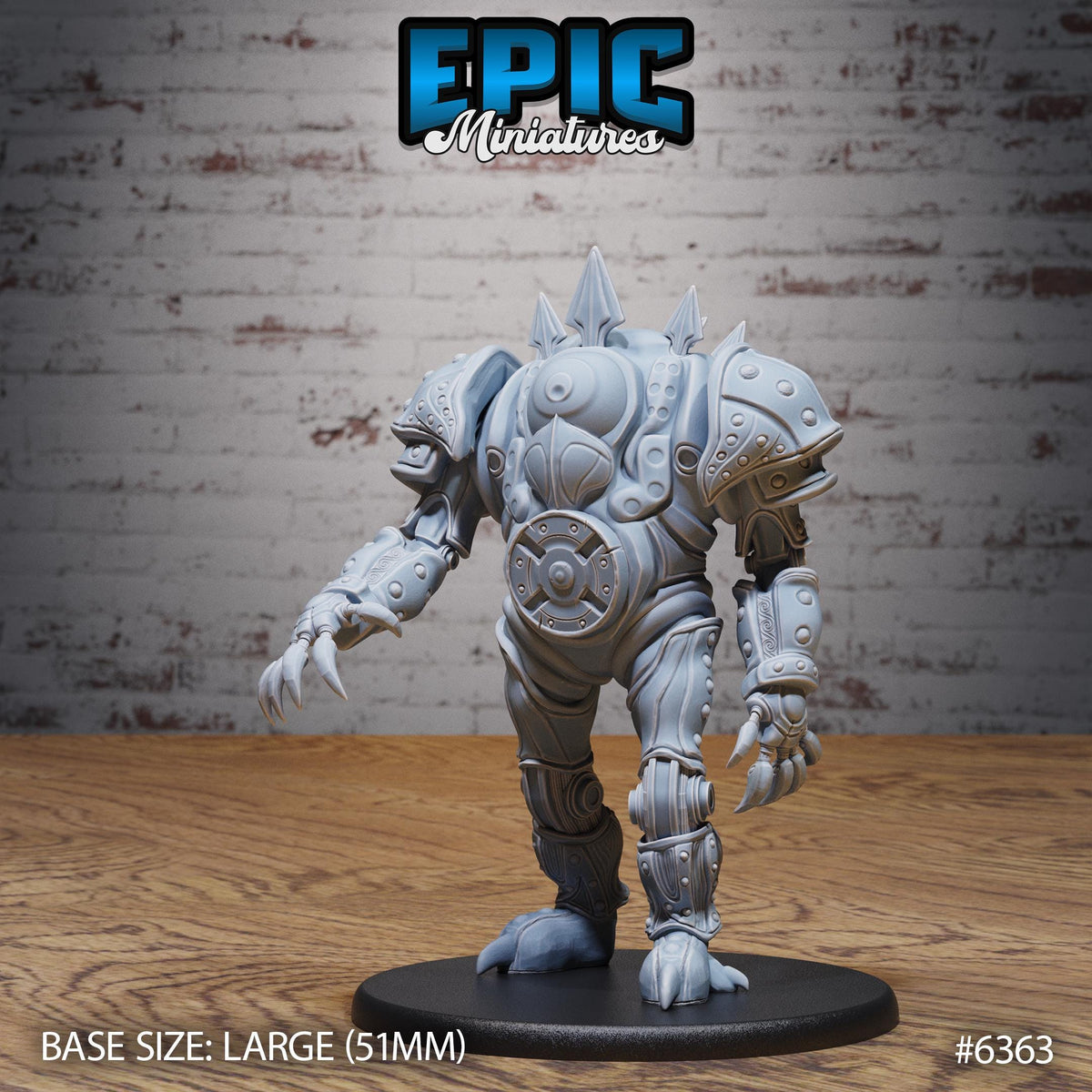 A 3D model of a large, armored robot or monster with spikes on its back, standing on a black base.