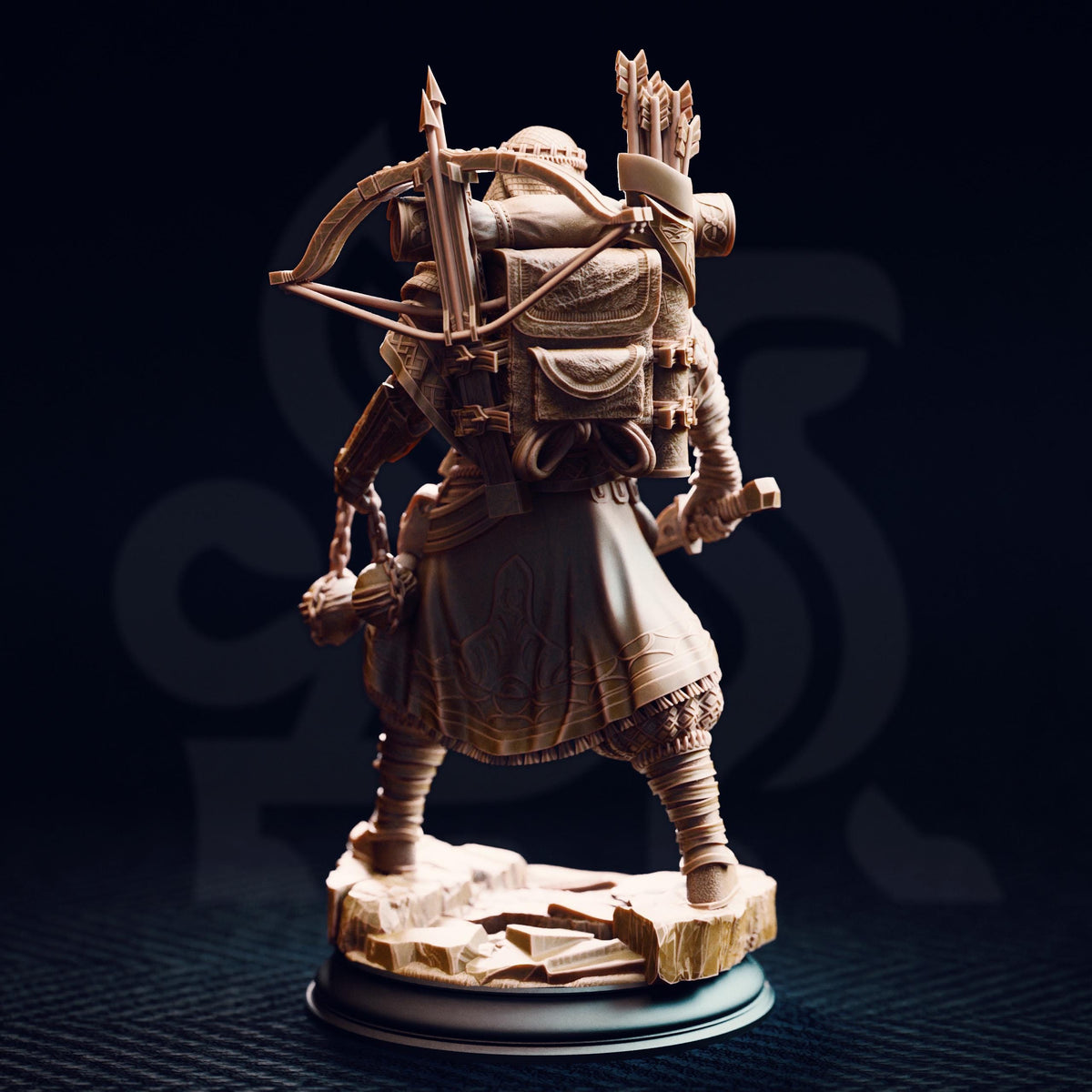 A detailed 3D model of a knight figure, complete with a backpack, sword, and other accessories, standing on a base against a dark background.