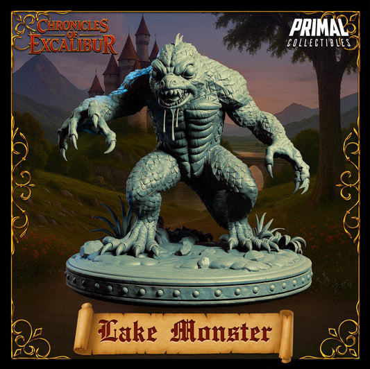 A 3D model of a large, menacing-looking monster with sharp teeth and claws, standing on a pedestal and appearing to be in a fantasy setting with a castle in the background.