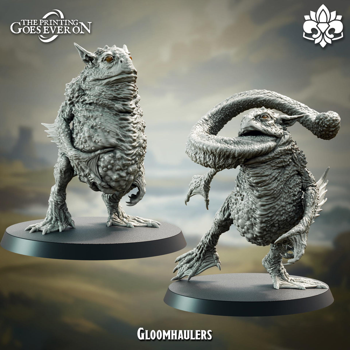 two Gloomhaulers, a type of fantasy creature, posed on platforms.