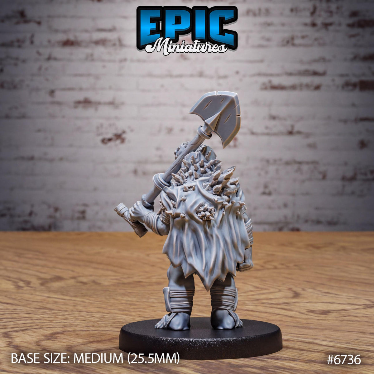 A figurine of a character from the video game Epic Miniatures, standing on a black base and holding a large weapon.