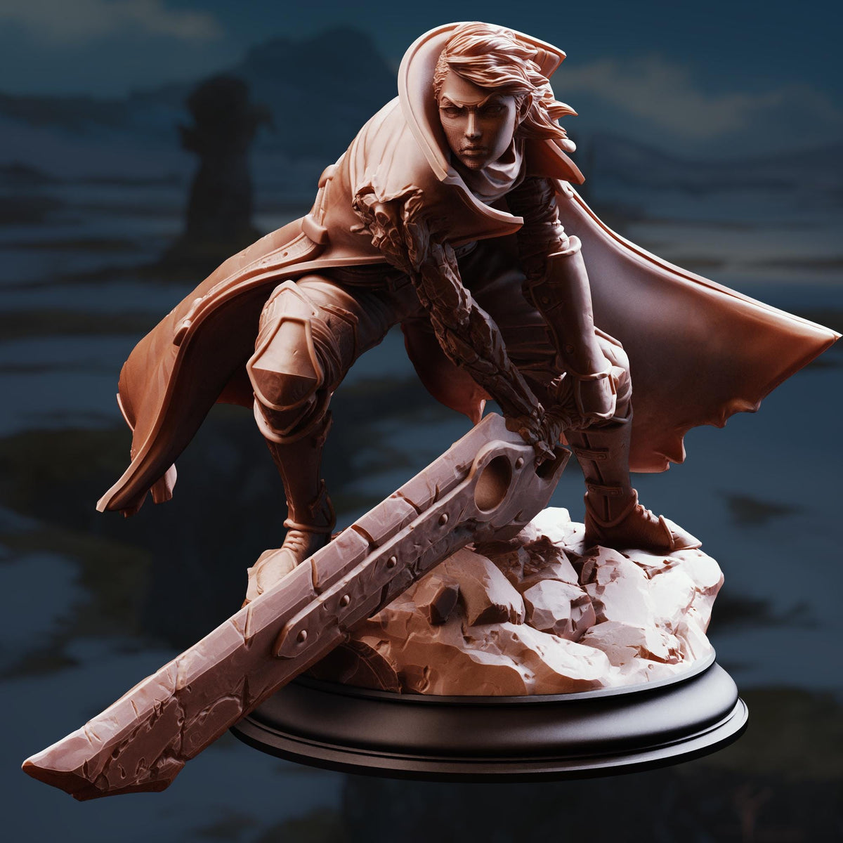 A bronze statue of a warrior figure, holding a sword and shield, standing on a rocky base against a dark background.