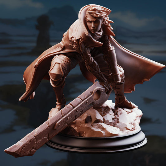 A bronze statue of a warrior figure, holding a sword and shield, standing on a rocky base against a dark background.