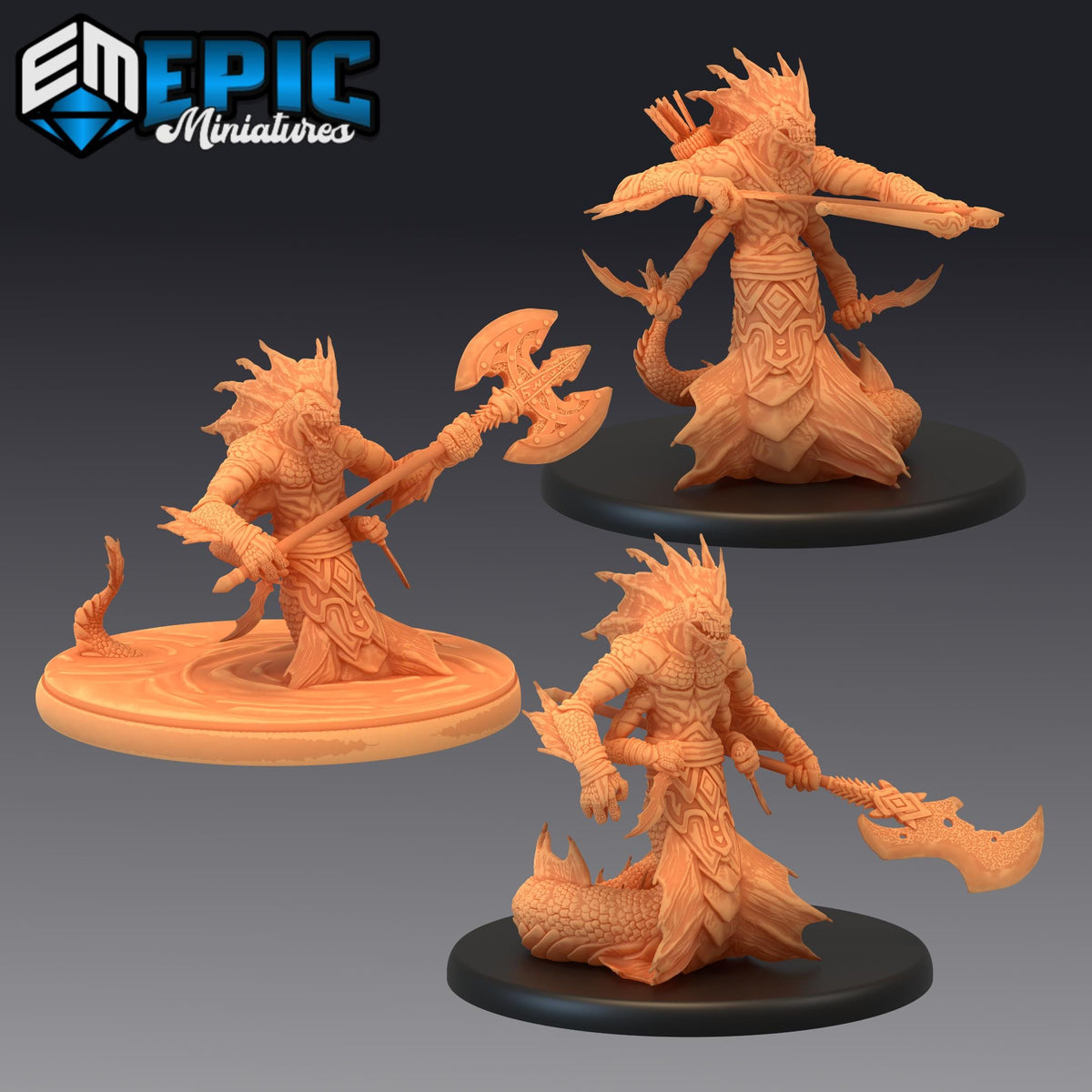 three detailed figurines of fantastical creatures, each with unique features and weapons, set against a dark background.