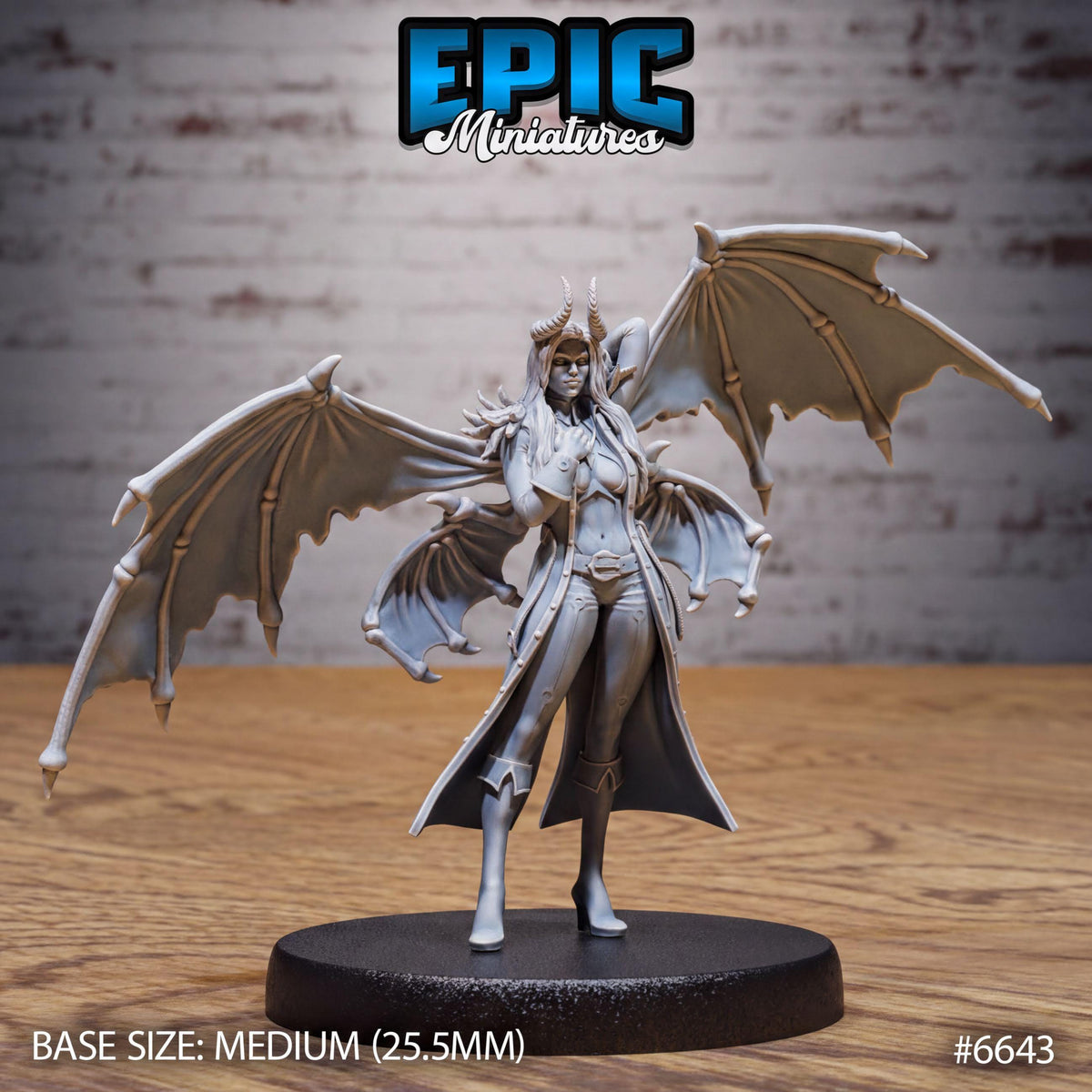 A figurine of a winged female character with a dragon-like appearance, standing on a black base.