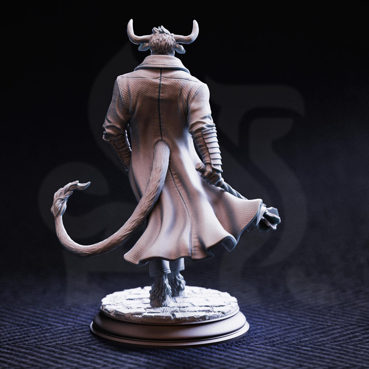 A statue of a person with horns, a long coat, and a flowing tail, standing on a pedestal against a dark background.