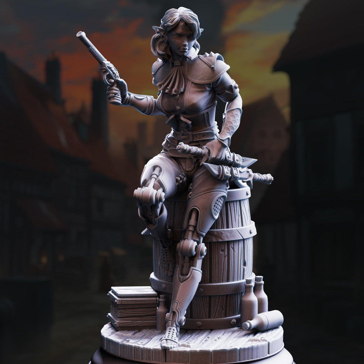 A detailed 3D model of a female character, possibly a warrior or pirate, sitting on a barrel and holding a gun. The background features a cityscape with buildings and a sunset, creating a dramatic and atmospheric setting.