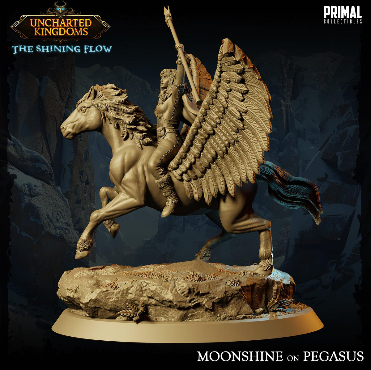 The image is a 3D model of a winged creature, possibly a mythical or fantastical being, with a human figure riding on its back. The creature is depicted in a dynamic pose, with its wings spread wide and its body leaning forward. The background of the image is dark and rocky, creating a sense of ruggedness and strength. The image is described as a "Shining Flow" and "Moonlight on Pegasus", suggesting that it is a detailed and intricate representation of a winged creature with human-like features.