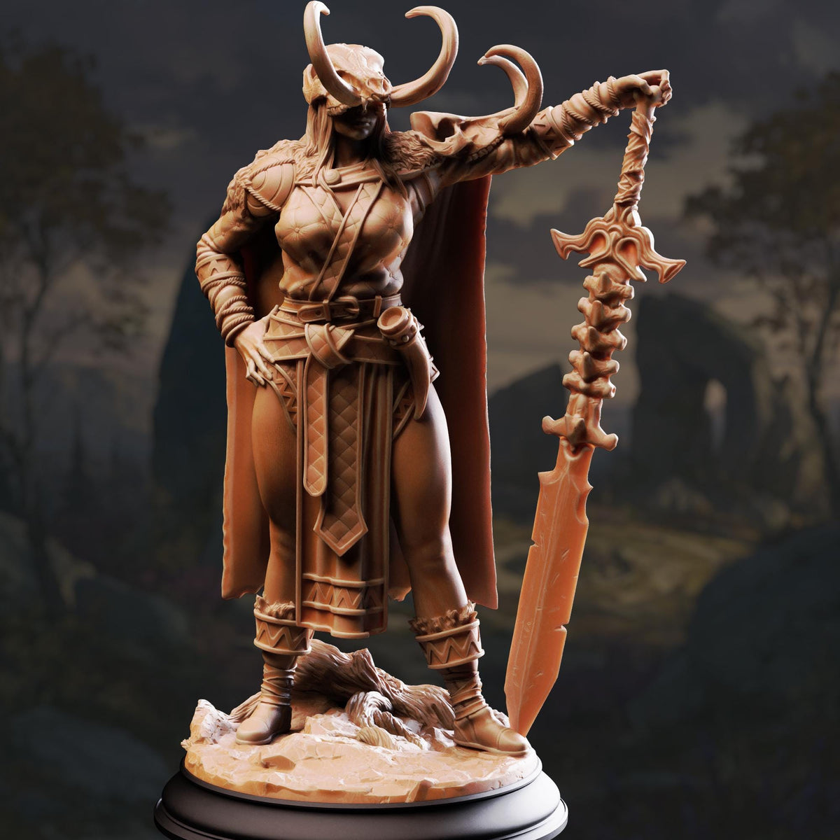 A detailed bronze statue of a warrior figure holding a sword and shield, standing in a natural setting with trees and mountains in the background.