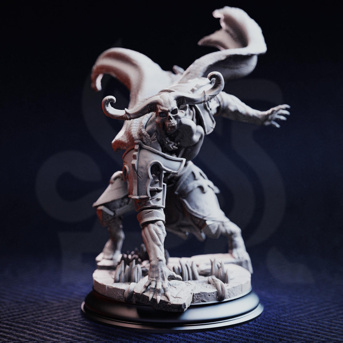 A detailed 3D model of a fierce-looking monster or dragon-like creature with horns and claws, standing on a platform and appearing to be in motion.