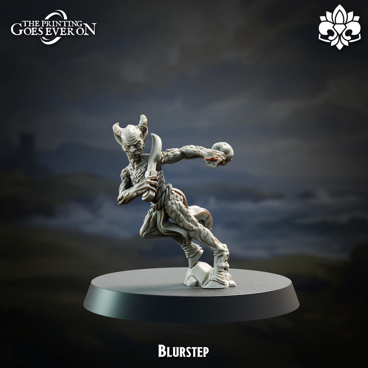 A figurine of a humanoid character with a skull-like head and a long, curved weapon in its hand, standing on a platform against a dark, cloudy background.