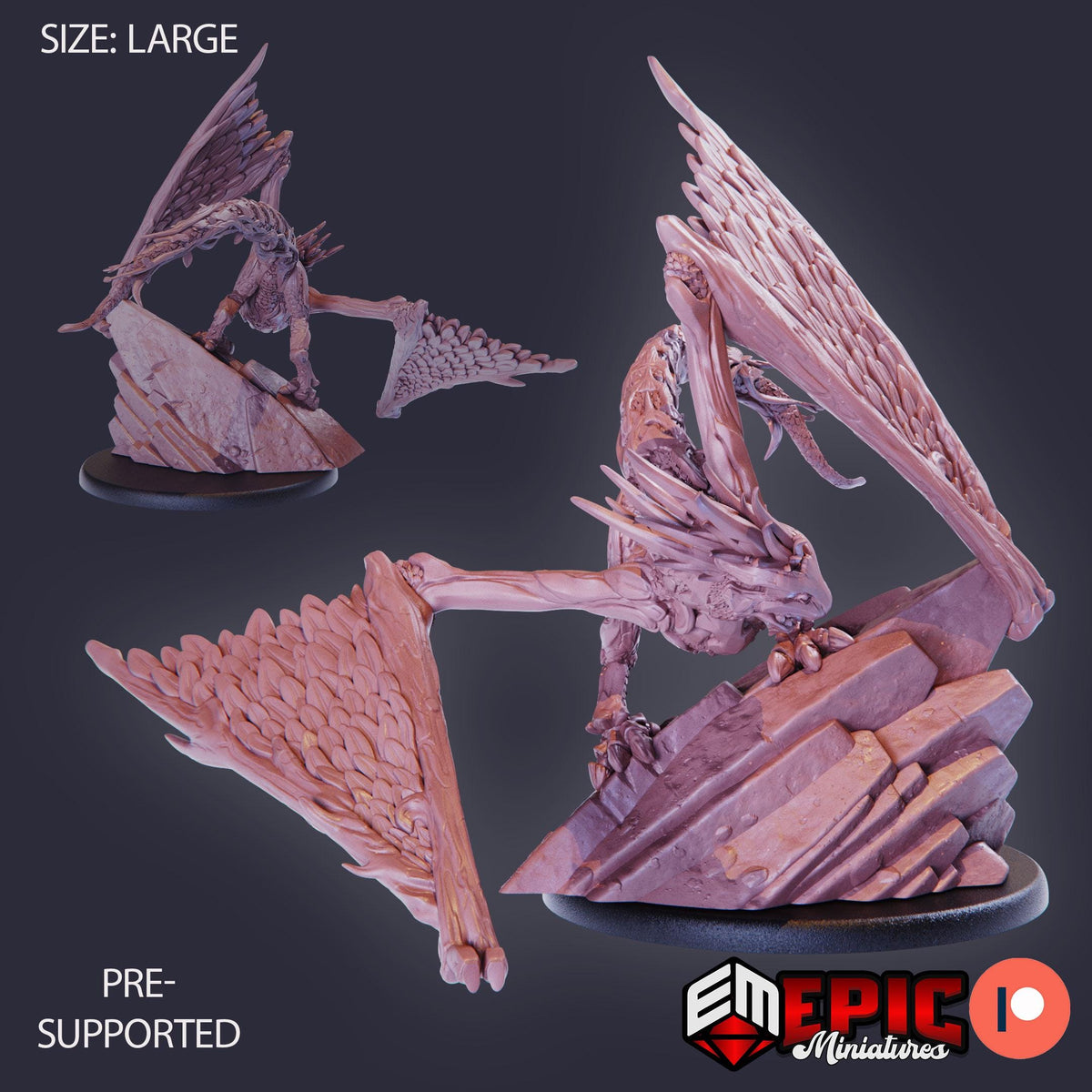 The image is a 3D rendering of a large, winged creature with a detailed, sculpted appearance. It appears to be a figurine or model, possibly made of a material like clay or plastic. The creature has a large, curved wing and a long, pointed tail. The image is described as a "size: large" and "pre-supported" version, indicating that it is a larger-sized figurine and has been provided with support.