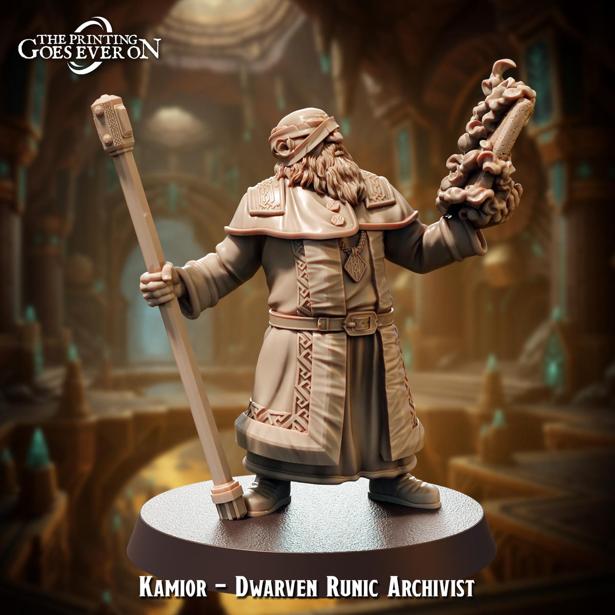 A figurine of a dwarven ranger, a type of dwarven ranger, is shown in a fantasy setting. The figurine is wearing a long robe and holding a staff. The background features a castle-like structure, suggesting a medieval or fantasy setting. The text "KAMIOR - DWARVEN RUNIC ARCHIVIST" is visible, indicating the character's name and role.