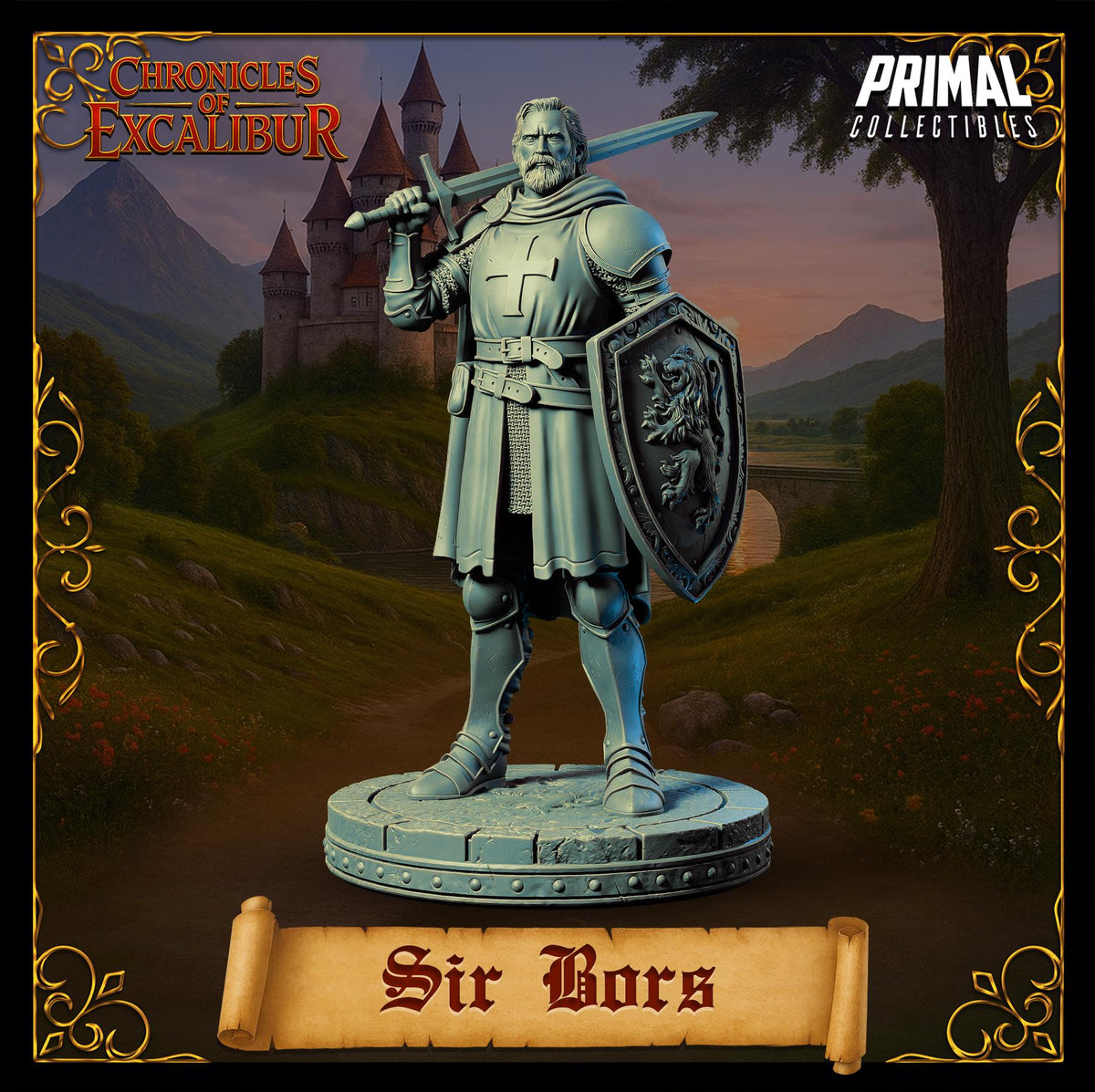A statue of a knight holding a shield and sword, standing in front of a castle and mountains, with the name 'Sir Horas' below it.