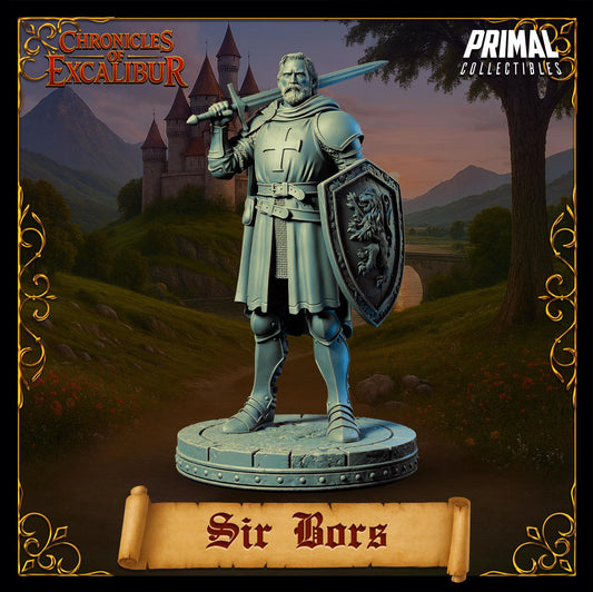 A statue of a knight holding a shield and sword, standing in front of a castle and mountains, with the name 'Sir Horas' below it.