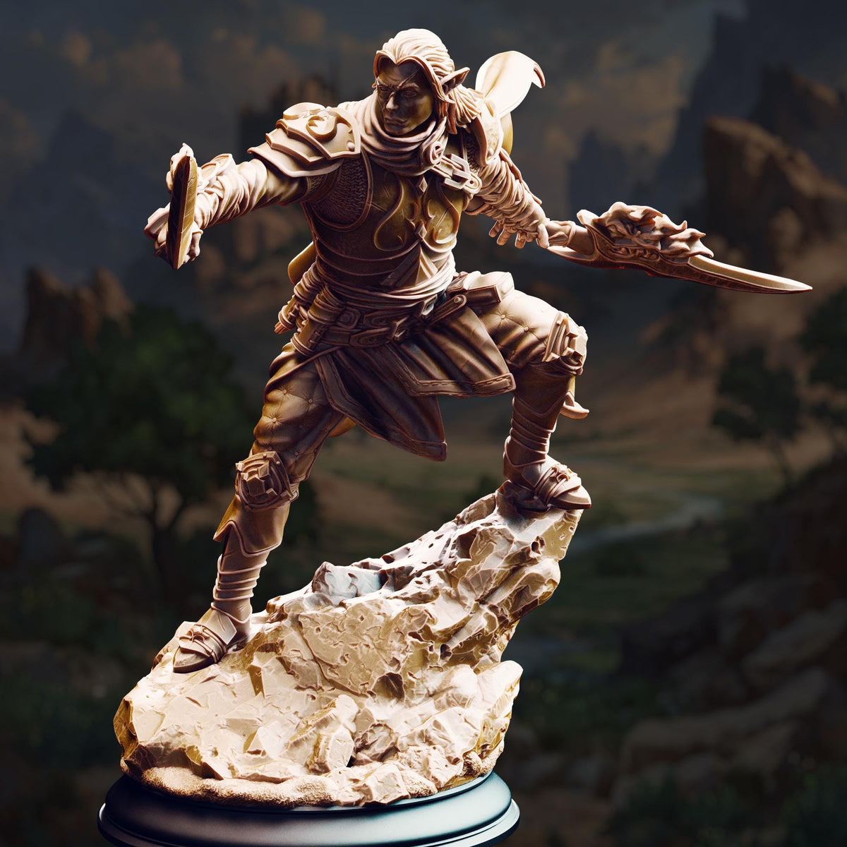 A bronze statue of a warrior figure standing on a rocky outcrop, holding a sword and shield, with a mountainous landscape in the background.