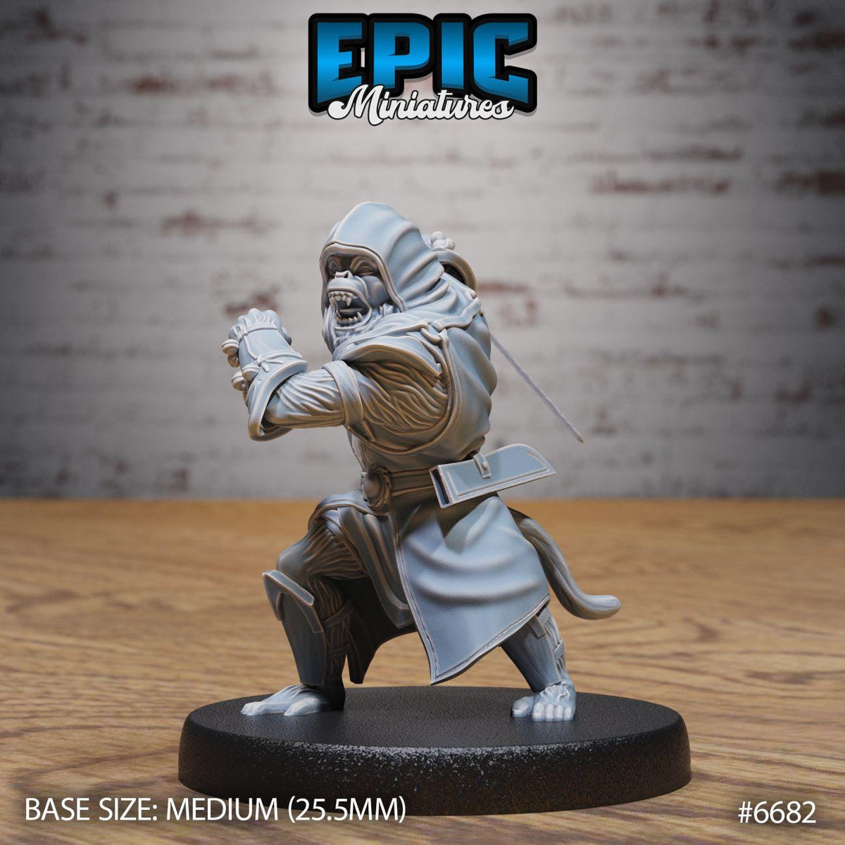A figurine of a warrior standing on a base, with a sword in hand, against a brick wall background.