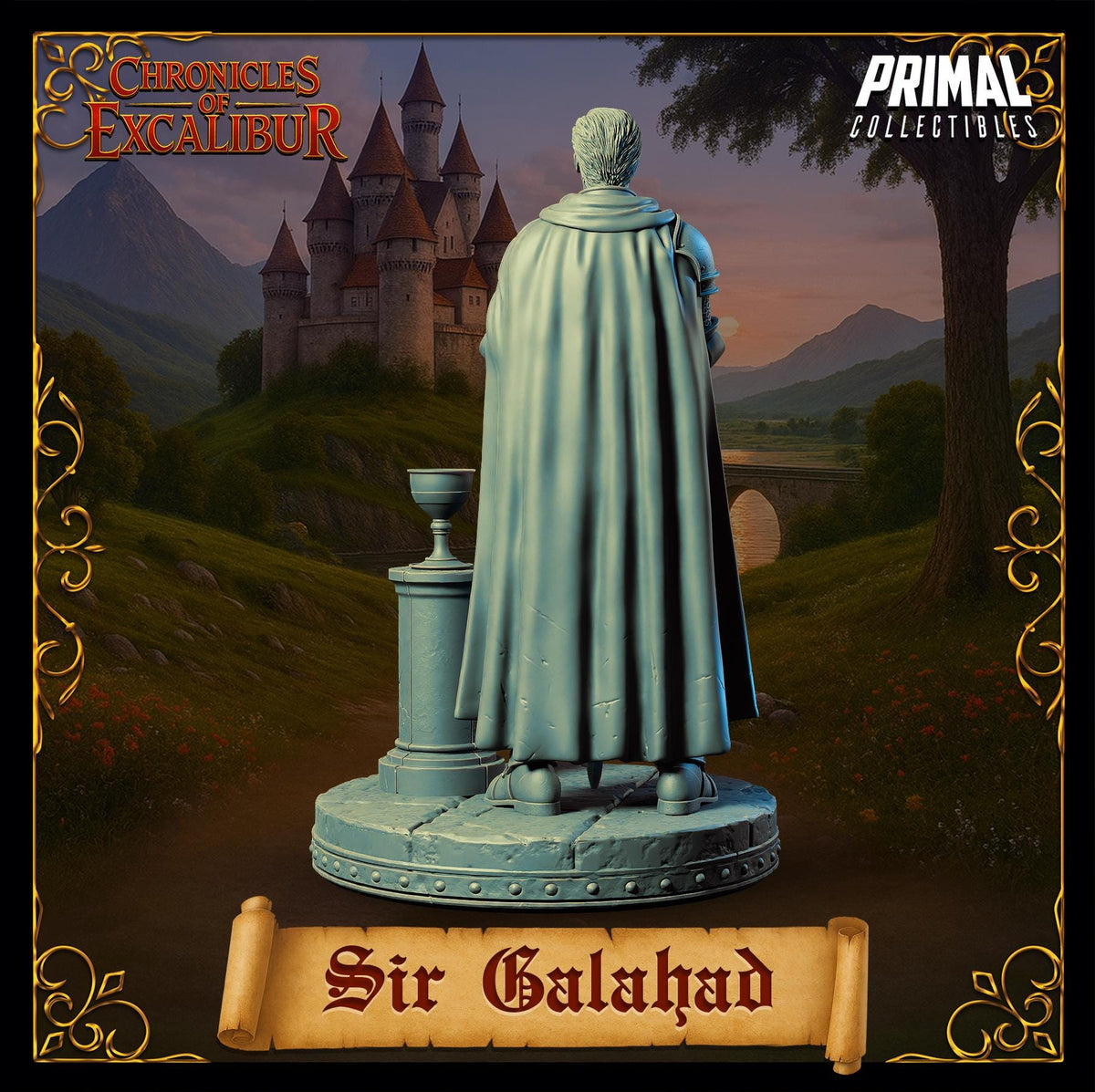 Knight Sir Galahad statue from Chronicles of Excalibur with detailed resin design near a castle backdrop.