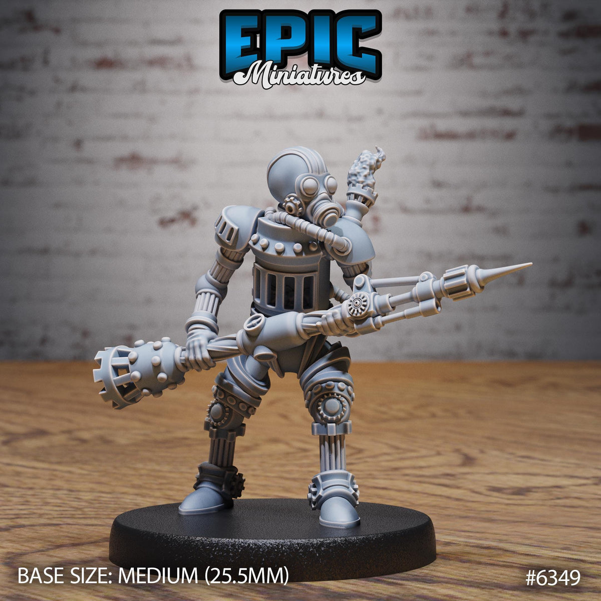 A 3D model of a robot figurine, specifically a "Epic Miniature" model, with a large gun in its hands. The base size of the figurine is 25.5 millimeters.