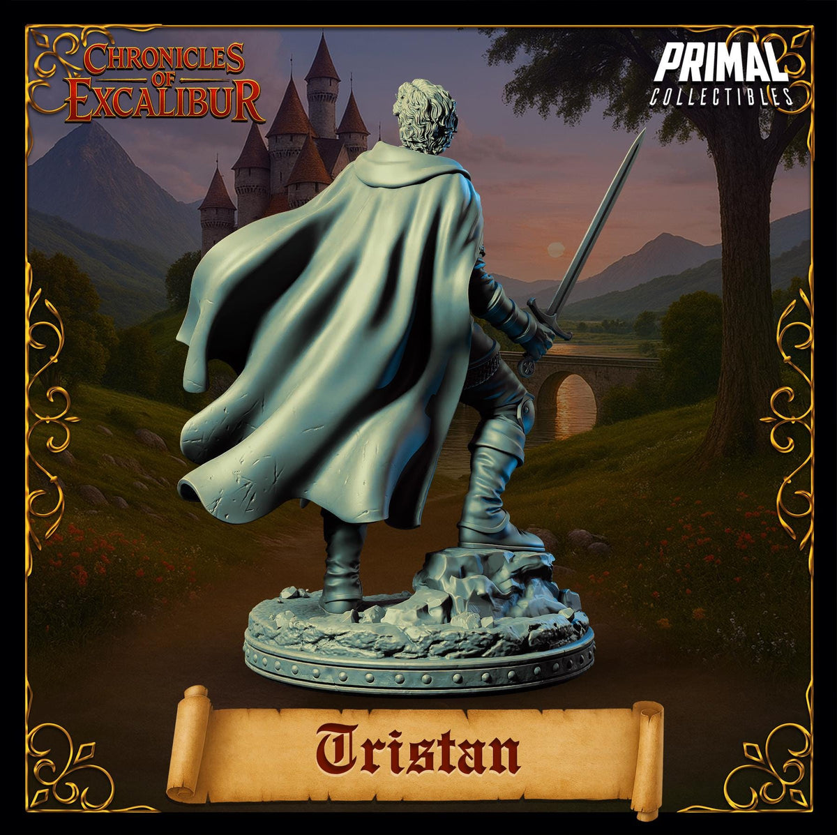 Knight Tristan model from Chronicles of Excalibur displayed in premium grey resin with sword and cape.