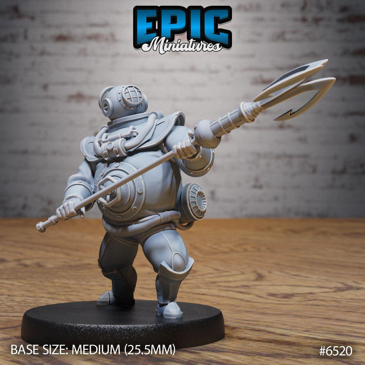 A figurine of a character in a diving suit, holding a spear, is displayed on a black base.