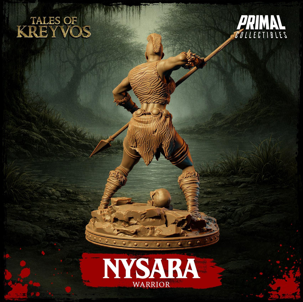 a warrior statue of a female warrior named Nyssara, who is depicted in a dynamic fighting stance with a spear in her right hand and a helmet on her head.