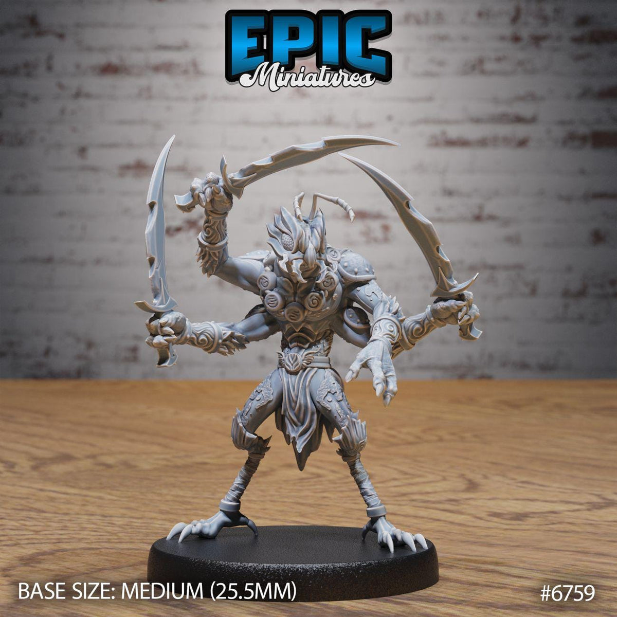 A detailed 3D model of a fantasy character, likely a warrior or monster, with multiple arms and weapons, standing on a black base. The background is a brick wall.