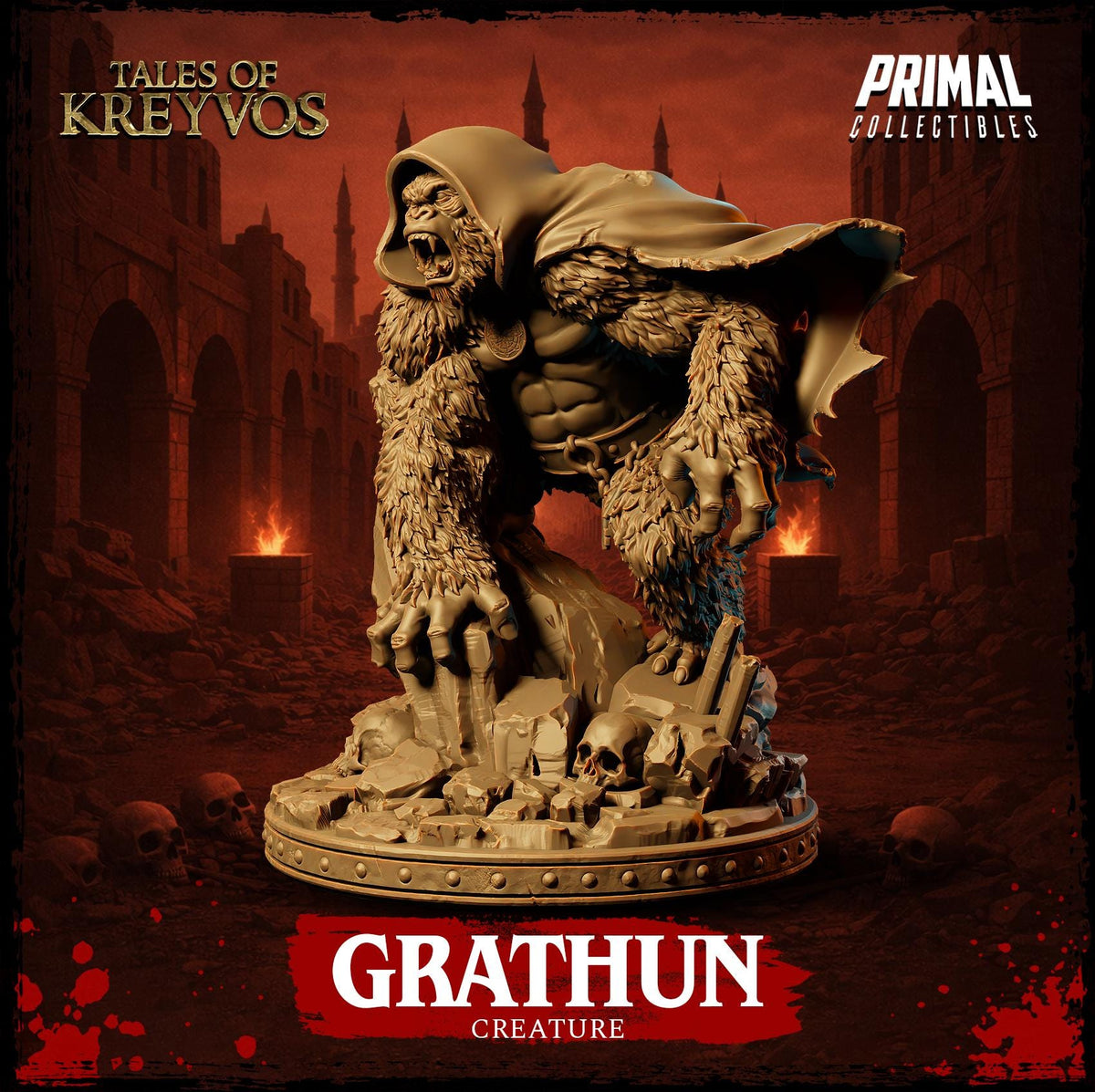 a large, furry creature with a hooded cloak, standing on a base and surrounded by skulls and a fiery background.